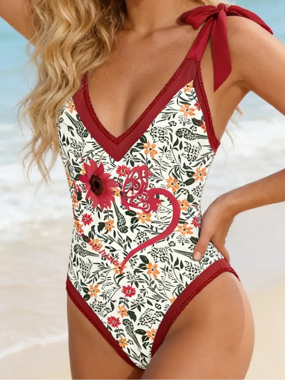 NEW Women’s Floral Heart-Print One-Piece Swimsuit - Red Trim Size XL